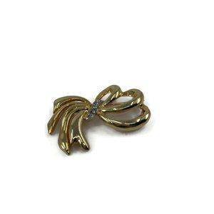 Gold Tone Ribbon Brooch with Rhinestones